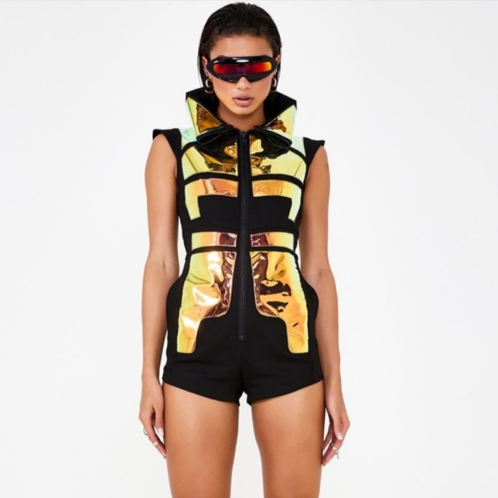 Club Exx Black and Gold Futuristic Romper